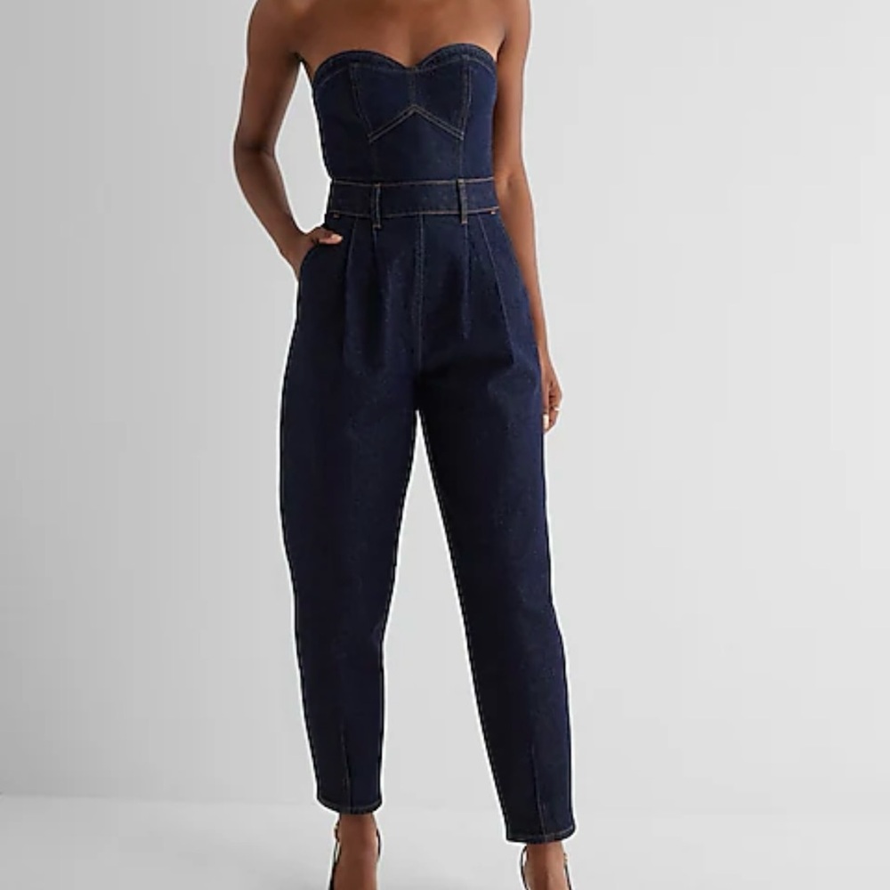 EXPRESS Denim Sweetheart Neckline Tapered Leg Jumpsuit